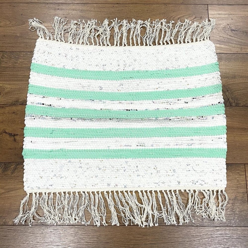 NEW Handmade Woven Rag Rug‎ 20x26 Fringe Tassel Throw Cotton Striped Green Ivory